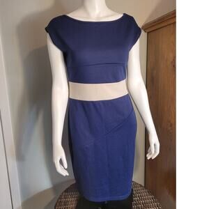 MIUSOL Navy Blue Ivory Sash A-Line Dress Size L Boatneck Cap Sleeve Stretchy